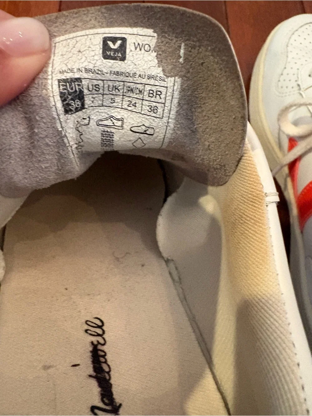 Veja White Leather Sneakers with Red Coral V Accent
